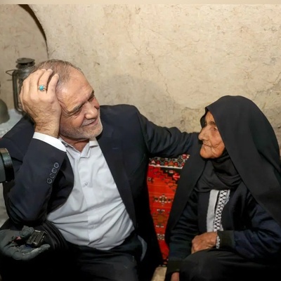 Standing under the sun to listen to people’s concerns with a cheerful face and a smile, in the style of Pezeshkian + photos