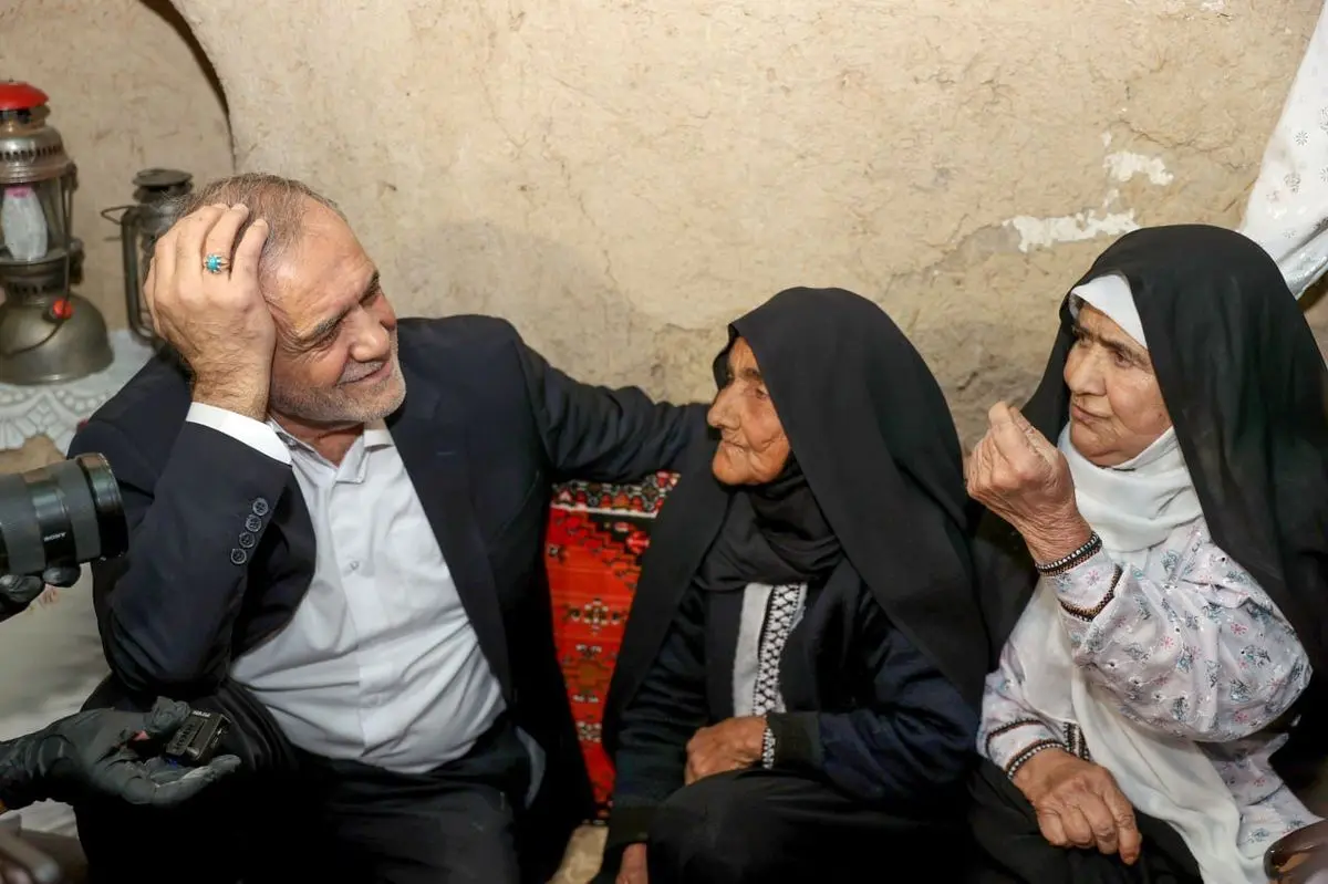 Standing under the sun to listen to people’s concerns with a cheerful face and a smile, in the style of Pezeshkian + photos