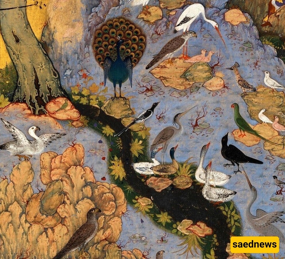 Part of Habibullah's painting in the manuscript of Mantiq al-Tayr: The scene of the hoopoe speaking to the birds  