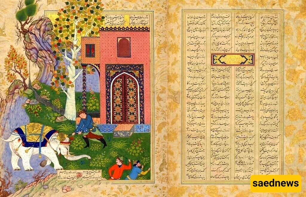 A page from the Shahnameh of Shah Abbas: The scene of Rustam's battle with the white elephant  