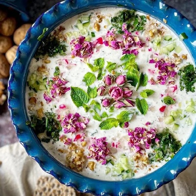 How to Make Delicious and Tasty Āb Doogh Khiar the Traditional Way Elegant Presentation of Āb Doogh Khiar by Mina Mokhtari for Her Special Guests with Mint, Radish, and Raisins