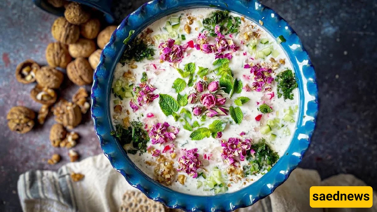 How to Make Delicious and Tasty Āb Doogh Khiar the Traditional Way Elegant Presentation of Āb Doogh Khiar by Mina Mokhtari for Her Special Guests with Mint, Radish, and Raisins
