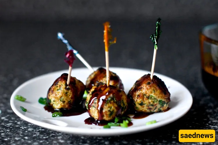 Scallion Meatballs with Soy-Ginger Glaze — bite-sized turkey meatballs finished in a sticky, savoury glaze