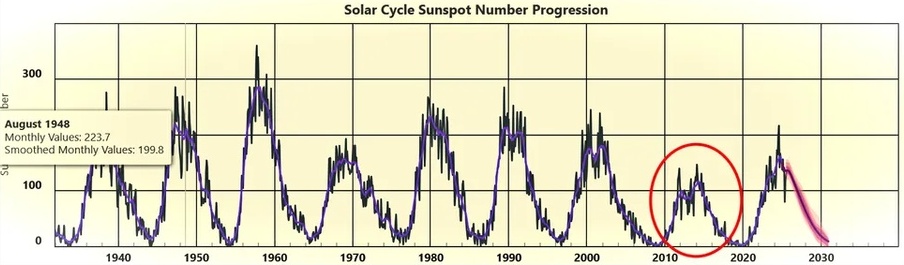 The maximum number of visible sunspots during the previous solar maximum was the lowest for almost 100 years.