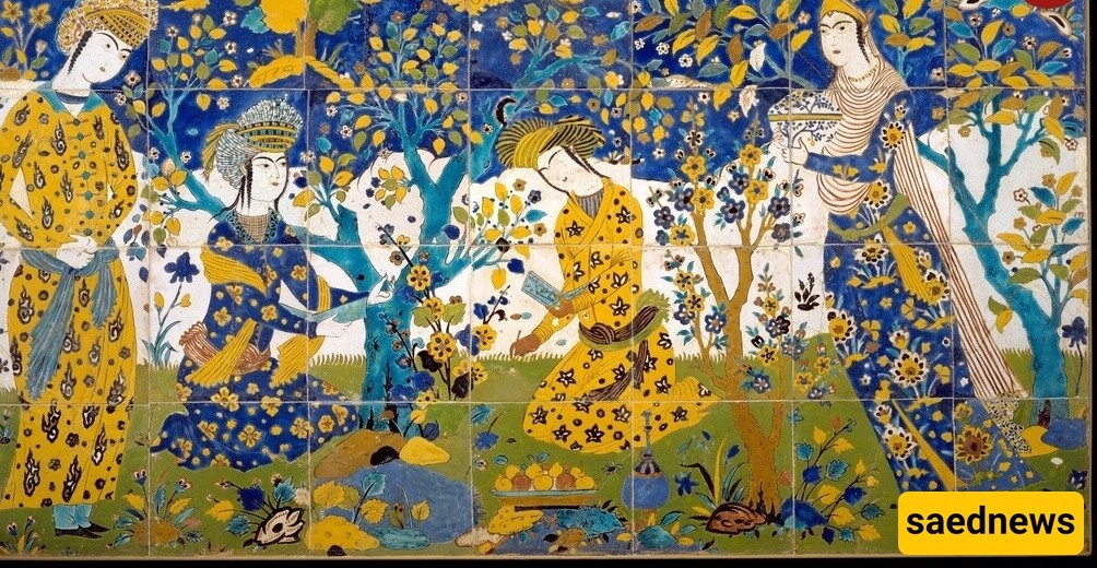 Tile work from the Shah Abbas period depicting the "Hafez Recitation" scene in a garden  