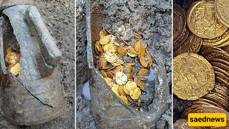 A stunning video of the moment 700 gold coins were discovered beneath a cornfield.