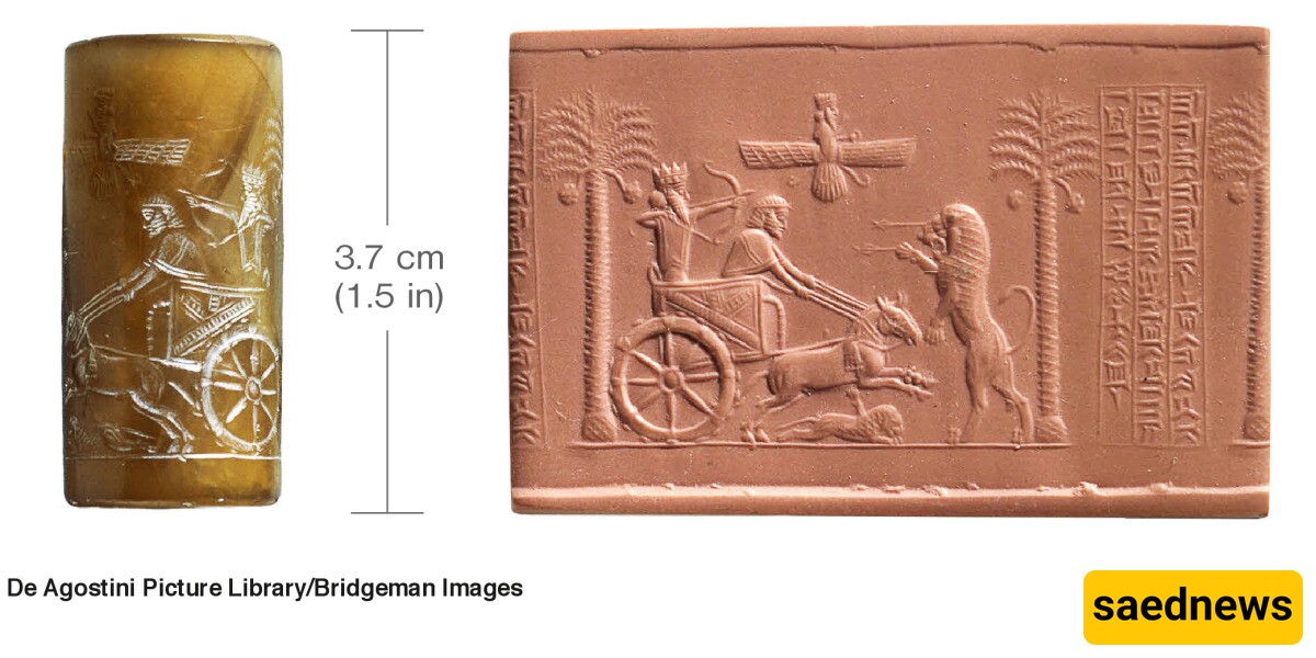 Cylindrical seal of Persian ruler Darius I hunting and a clay impression of the seal