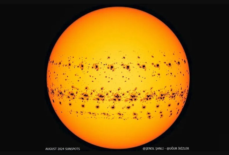 The sun's roughly 11-year cycle is named after the sunspots that rise and fall with solar activity. This timelapse image shows all the sunspots that appeared in August 2024, when the number of sunspots peaked.