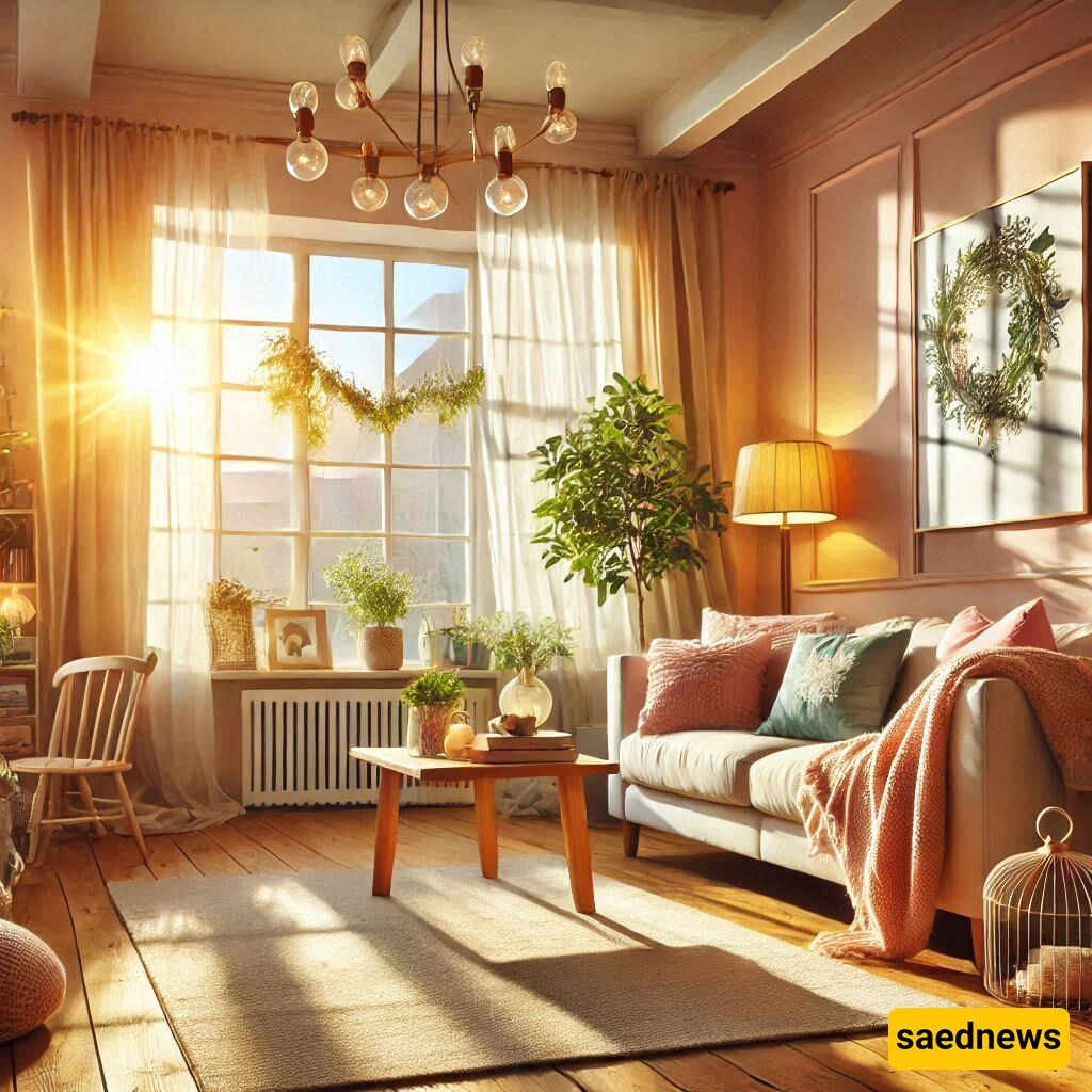 A cozy living room lit by warm golden sunlight streaming through a large window, with a soft pastel color palette.