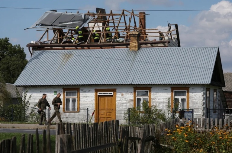 Damage to a home in Wyryki, Poland, following the downing of several Russian drones Wednesday.