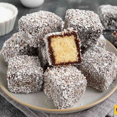 Recipe for Elegant Bite-Sized Cakes with Chocolate and Coconut Coating.