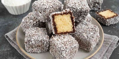 Recipe for Elegant Bite-Sized Cakes with Chocolate and Coconut Coating.