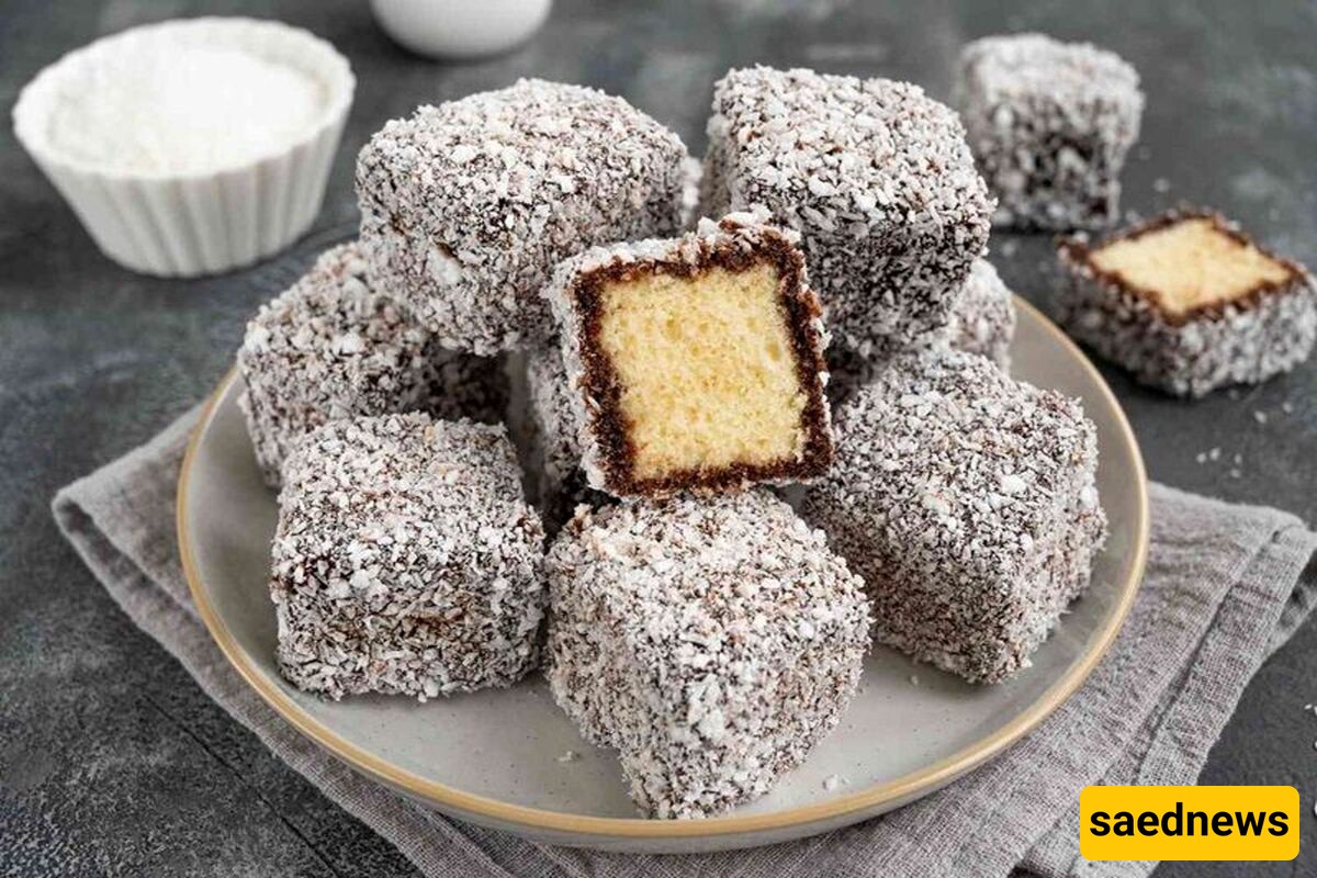 Recipe for Elegant Bite-Sized Cakes with Chocolate and Coconut Coating.